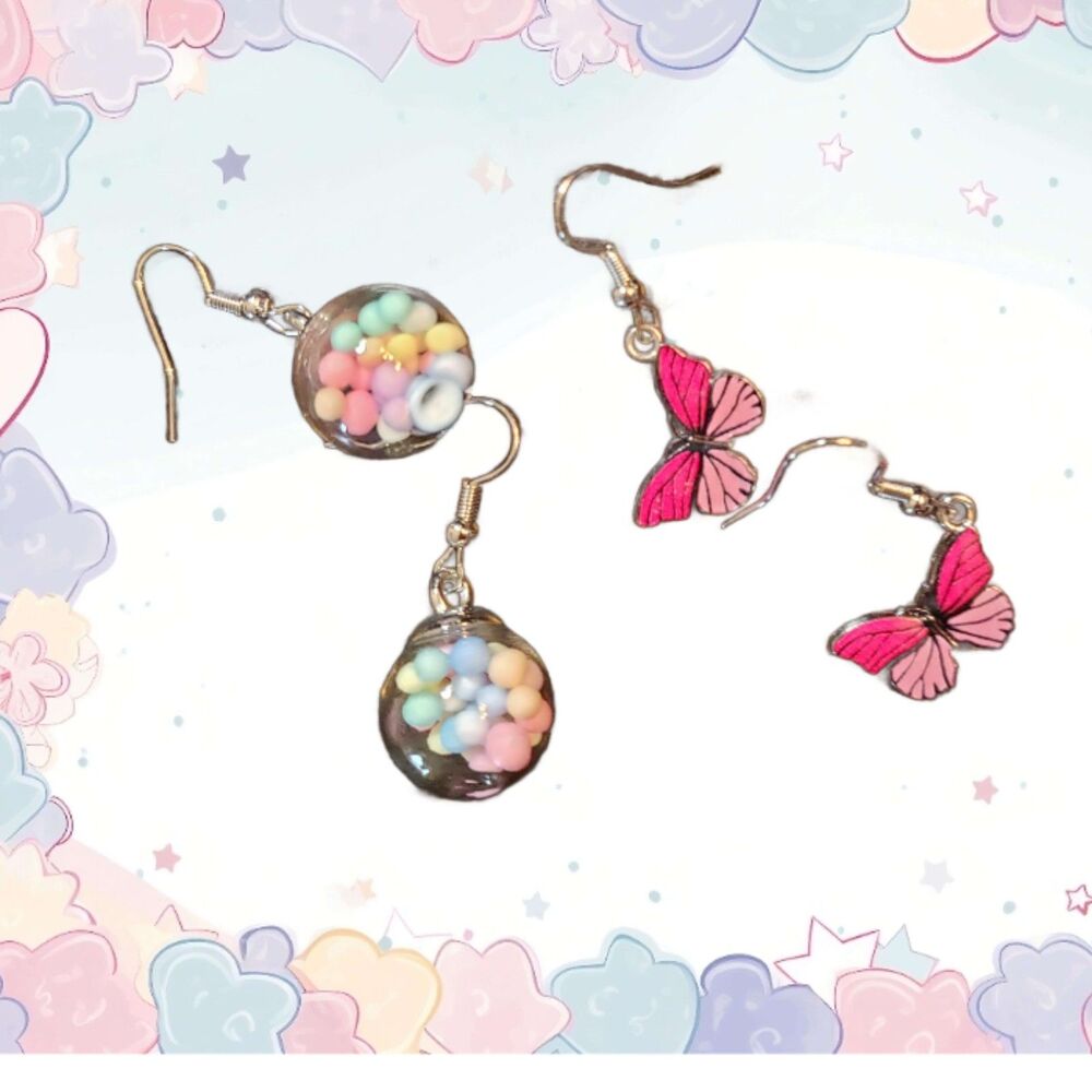 2 Pair Earrings Pink Enamel Butterflies Candy Balls in Glass Orb Butterfly